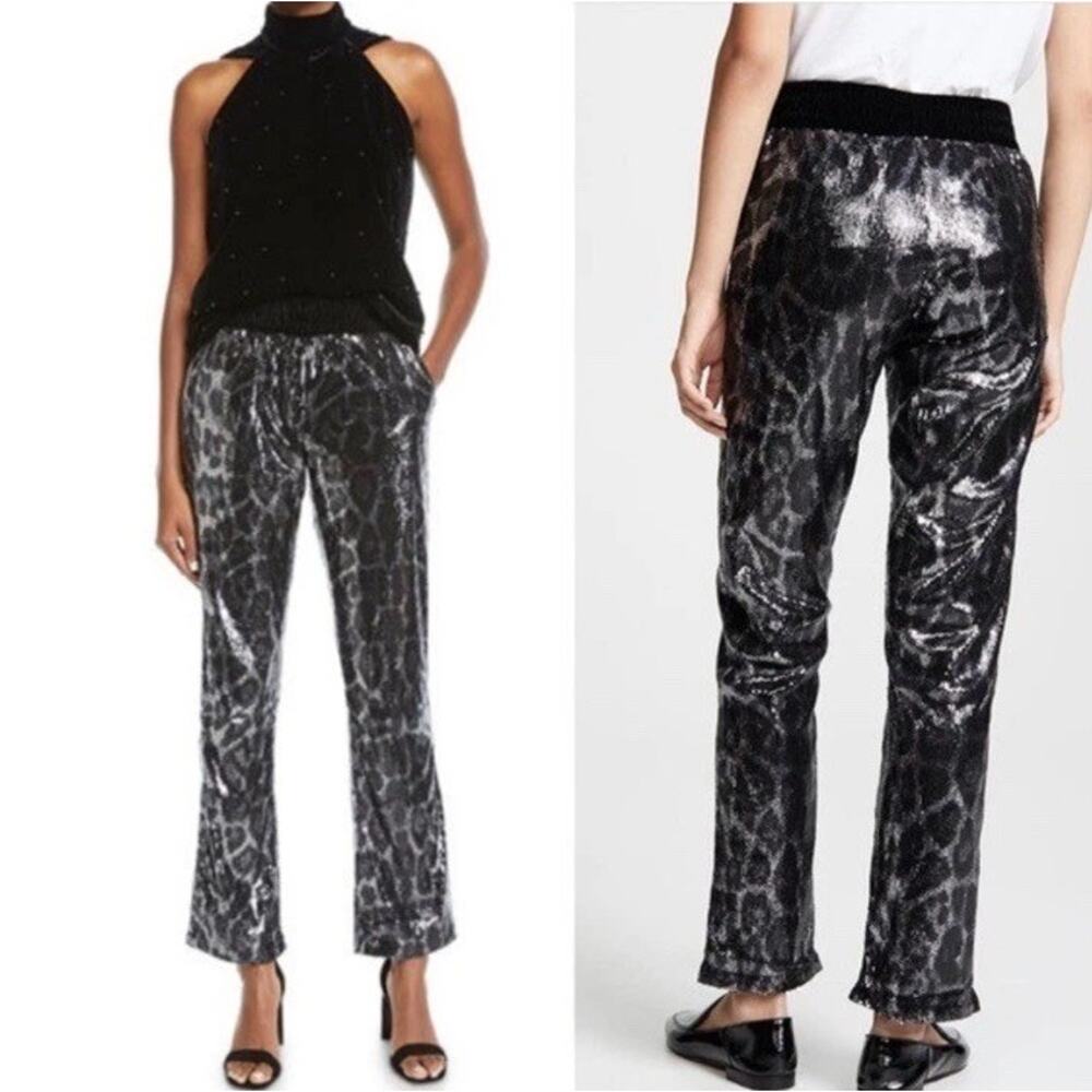 RtA MSRP $461 Sequin Track Pants XS Leopard Animal Print Silver Black Revolve